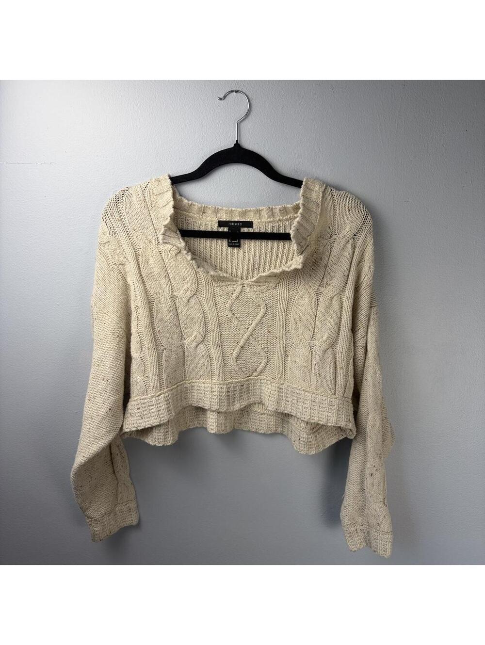 Forever 21 Cream Cable Knit Cropped Sweater Size Small S Cozy Chunky Knit